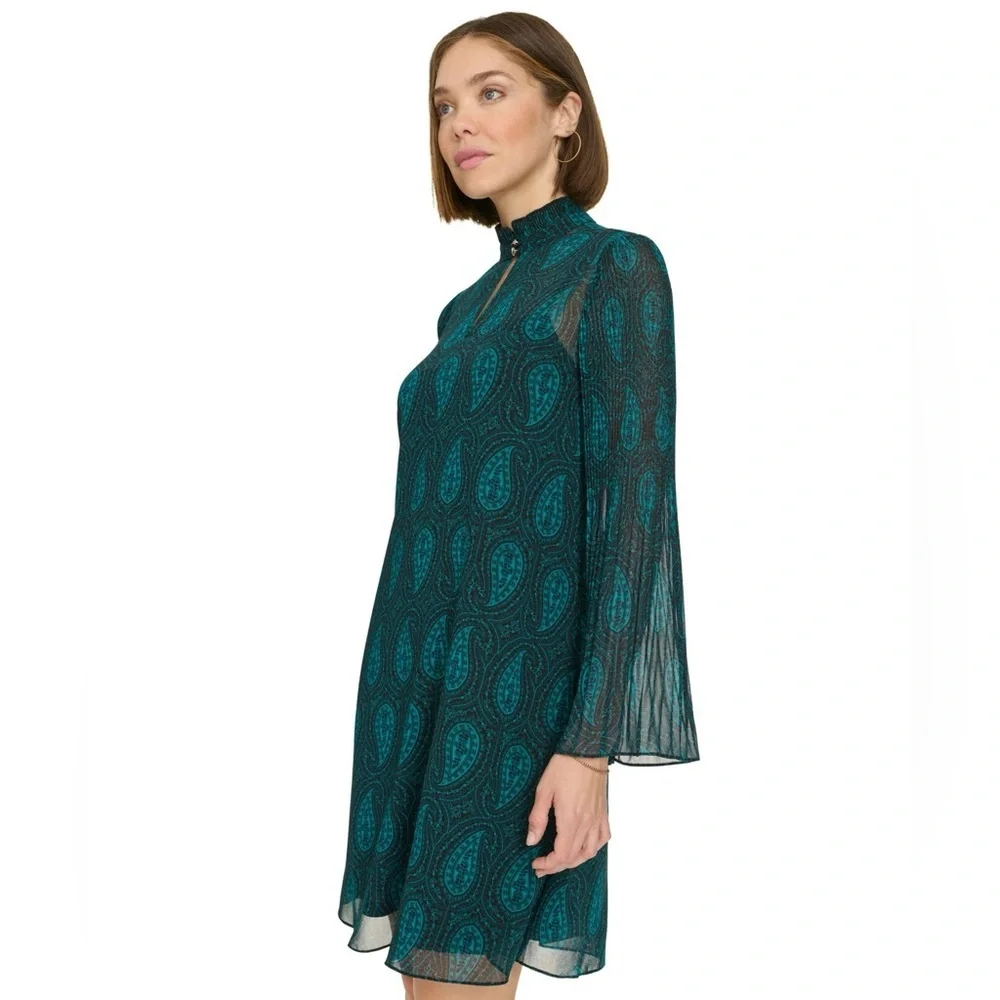 Tommy Hilfiger Paisley Chiffon Shift Dress Cypress Green 6 NWT Designer Office - Picture 6 of 7